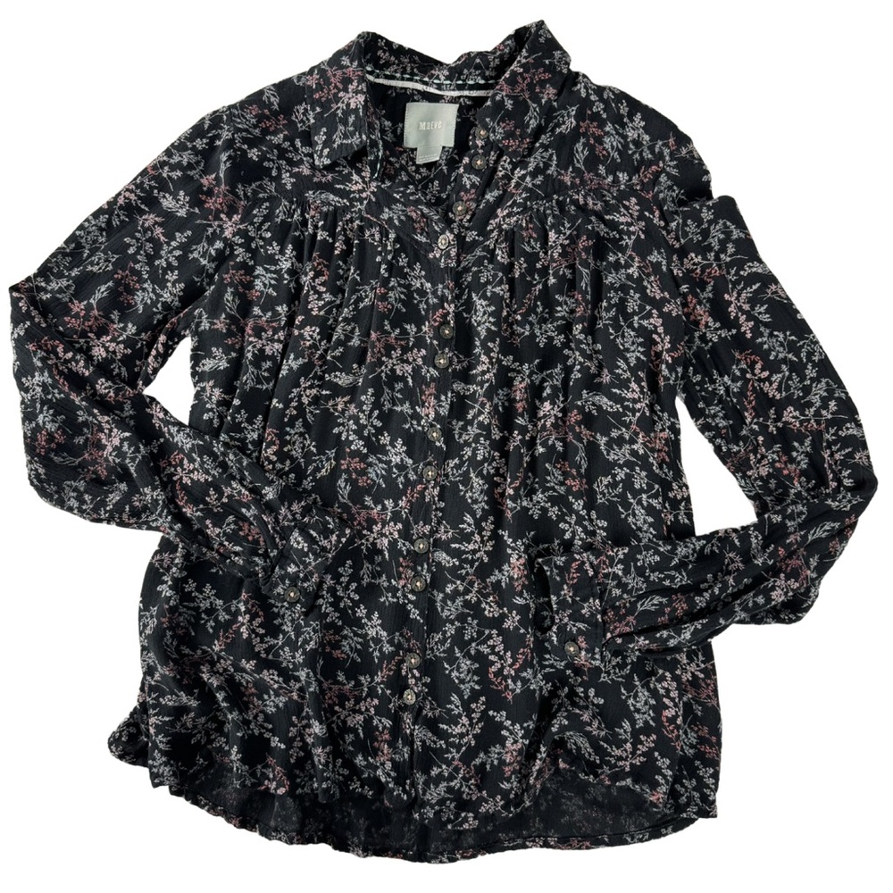 Maeve Black Floral Button Down Blouse